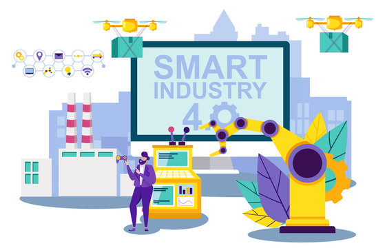 Man Hold Joystick. Man Remotely Control Drone And Crane. Industrial Enterprise. Computer Technology. Automation And Technology. Vector Illustration. Drone Delivery. Smart Idustry. Access Remote.