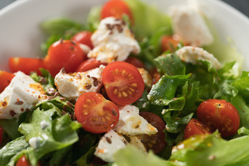Healthy light salad with cherry tomatoes, mozzarella and frisee in white bowl closeup
