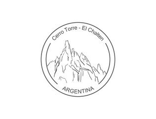 Cerro Torre mountain in Patagonia, Round stamp logo sticker template. Hand drawn vector sketch