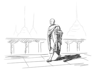 Sketch of buddhist monk with smart phone in hand walking outside temple, Hand drawn vector illustration