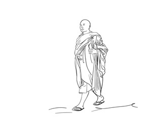 Sketch of walking buddhist monk with smart phone in hand, Hand drawn vector linear illustration isolated