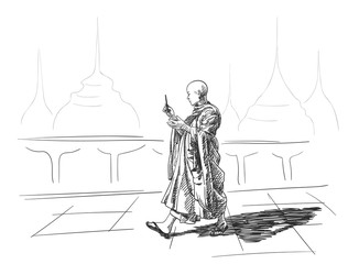 Sketch of buddhist monk with smart phone in hand walking outside temple, Hand drawn vector illustration