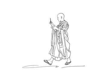 Obraz premium Sketch of walking buddhist monk with smart phone in hand, Hand drawn vector linear illustration isolated
