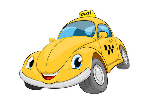 Funny cartoon taxi car. A yellow car on a white background.