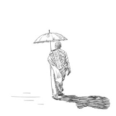 Sketch of walking buddhist nun under umbrella, Hand drawn vector illustration