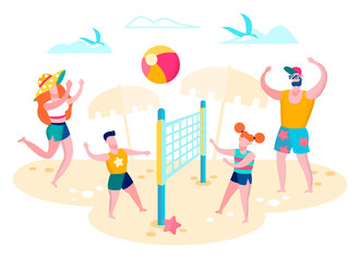 Family Active Summer Recreation, Healthy Lifestyle, Outdoor Leisure Flat Vector Concept. Parents with Children Playing Volleyball on Sunny Beach Illustration. Tropical Resort Vacation Entertainments