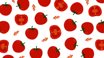 Red tomatoes vector fruit illustrations on white background. Pattern of tomatoes, half tomatoes and seeds.