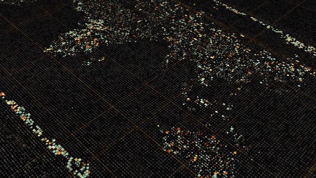 Point outline of continents on black background. Animation. Futuristic background with dot image of Earth map on dark matrix background