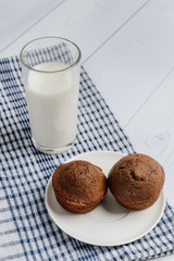 a glass of milk on a napkin and two muffins on a dish. Breakfast concept.