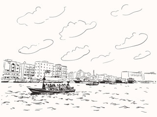 Sketch of Dubai Greek with traditional boat abra - local public transport. Hand drawn vector illustration