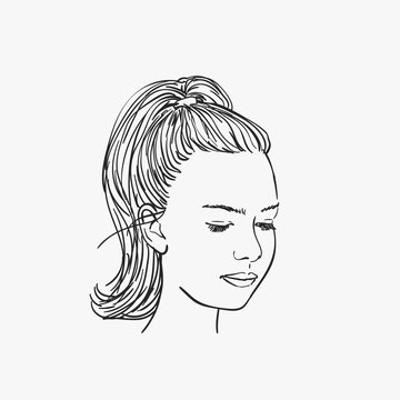 recommend clip art: Sketch of girl's head serious eyes looking down, Hand drawn vector illustration