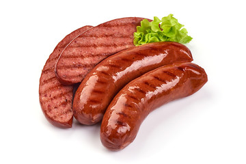 Grilled pork sausages, Oktoberfest dishes, isolated on white background