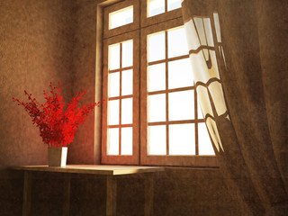 red plant near the window, 3d