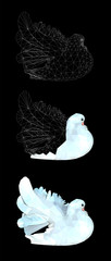 White dove pigeon low poly triangular vector illustration isolated on black. Polygonal style trendy modern logo business design template for wedding invitations. Symbol of peace, freedom and victory.
