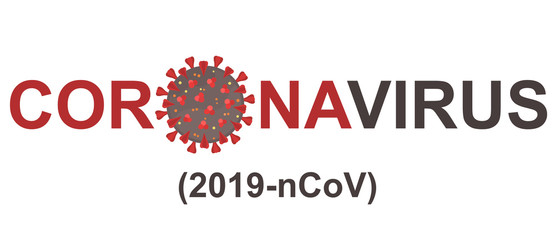 Inscription coronavirus on white background. Coronavirus 2019-nCov flu infection. Dangerous Coronavirus Cell in China, Wuhan. Illustration with red shapes on a gray sphere shape. Isolated.