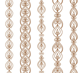 Vector illustration of mehndi gold pattern, set of seamless borders. Traditional Indian style, decorative floral elements for henna tattoos, gold stickers, flash temporary tattoos, mehndi, yoga design