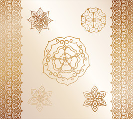 Vector illustration of a Golden mehndi pattern, a set of floral and animal elements based on traditional Asian ornaments. Paisley Mehndi Tattoo collection Doodles