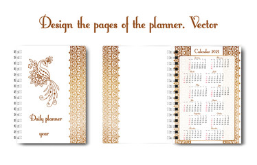 Set design of a notebook or diary page for use by a woman or a girl. With flower pattern, outline pattern, doodling. Glider for business and personal life. Daily planner, designer