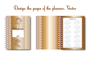 Set design of a notebook or diary page for use by a woman or a girl. With flower pattern, outline pattern, doodling. Glider for business and personal life. Daily planner, designer