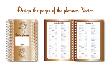 Set design of a notebook or diary page for use by a woman or a girl. With flower pattern, outline pattern, doodling. Glider for business and personal life. Daily planner, designer