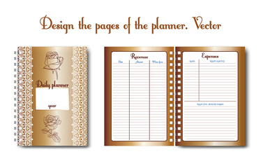 Set design of a notebook or diary page for use by a woman or a girl. With flower pattern, outline pattern, doodling. Glider for business and personal life. Daily planner, designer