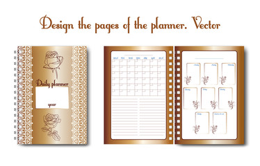 Set design of a notebook or diary page for use by a woman or a girl. With flower pattern, outline pattern, doodling. Glider for business and personal life. Daily planner, designer