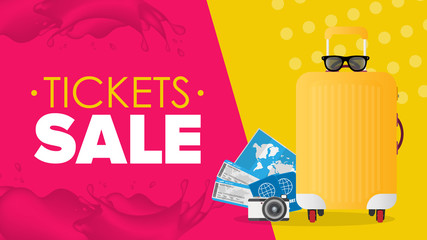 Ticket sale banner. Yellow suitcase for tourism, sun glasses, a camera, a world map, tickets and a passport. Vector poster.