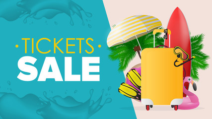 Tickets sale banner. Red surfboard, yellow suitcase for tourism, flippers, swimming mask, goggles, palm trees, umbrella, rubber rings for swimming. Vector. © Javvani