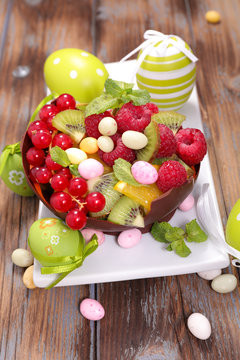 easter fruit salad and candy in chocolate bowl