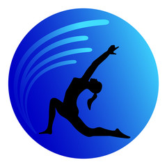 Healthy lifestyle logo, silhouette of a woman in yoga pose on a background of blue ball.