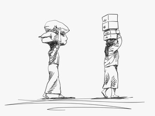 Two burmese women are carrying big loads on their heads, Vector sketch with crosshatched shades, Hand drawn illustration