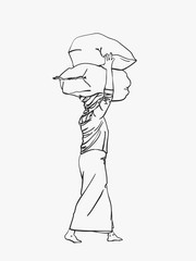 Burmese woman in longyi is carrying big bags on her head, Vector sketch, Hand drawn linear illustration.
