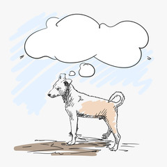 Little dog with twisted tail standing and thinking vector sketch with thought bubble, Hand drawn illustration
