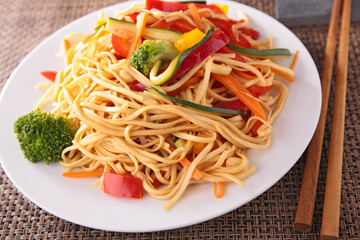 fried noodles with vegetable and soy sauce- wok, stir fry