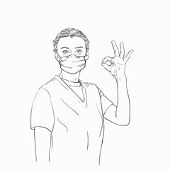 Woman wearing medical face mask and showing Okay gesture, Hand drawn line art illustration, Vector sketch