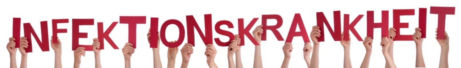 Fototapeta premium People Hands Holding Red German Word Infektionskrankheit Means Infection Sickness. White Isolated Background