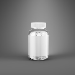 Transparent Plastic bottle with round pills on gray background. Medical, cosmetic mockup. 3d rendering