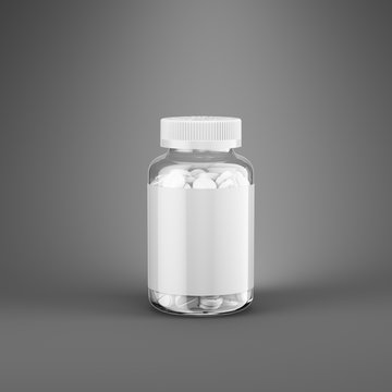 Transparent Plastic bottle with round pills on gray background. Medical, cosmetic mockup. 3d rendering