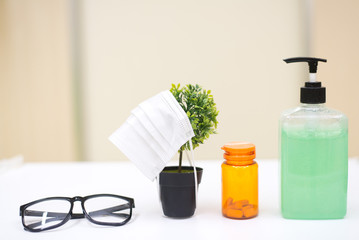 Cleansing gel and hand sanitizer Alcohol kills the virus on a white background. Protection from the corona virus or COVID-19