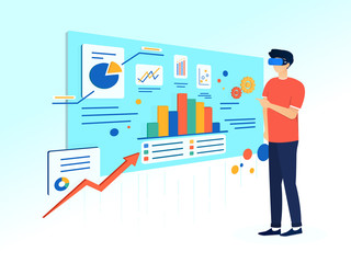 Man working on data analysis in virtual reality user interface, wearing VR goggles and standing near the wall of graphs and charts, on blue to white gradient background
