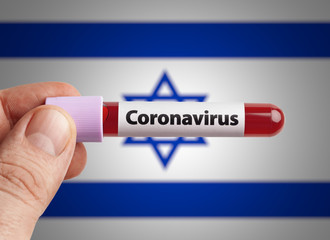 Scientist holding Coronavirus infected blood in test tube in front of Israel flag. Pandemic COVID-19 infection in countries in world concept.