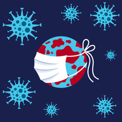 Coronavirus, 2019-nCoV, COVID-19, Bacteria, earth globe wearing protective Medical Surgical mask on navy blue background, isolated, vector illustration