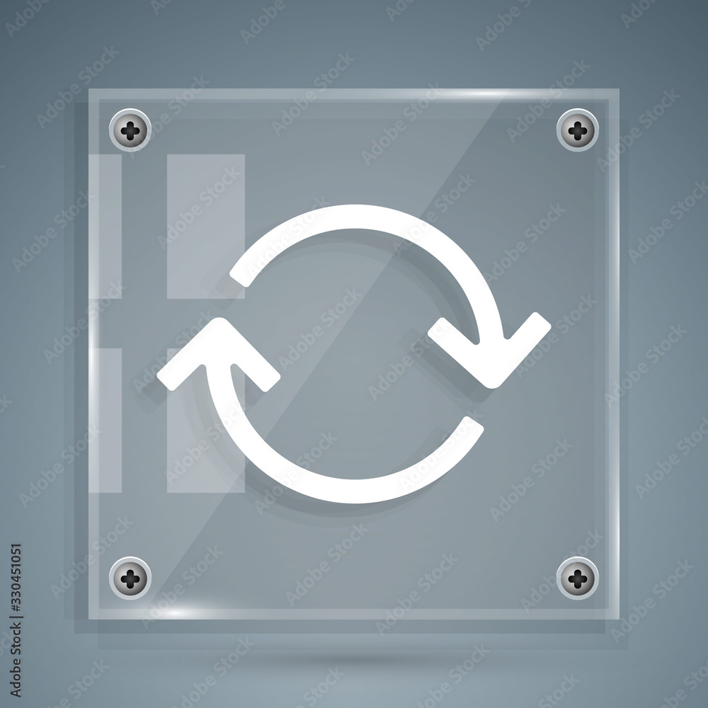 Poster white refresh icon isolated on grey background. reload symbol. rotation arrows in a circle sign. squ