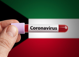 Obraz premium Scientist holding Coronavirus infected blood in test tube in front of Kuwait flag. Pandemic COVID-19 infection in countries in world concept.