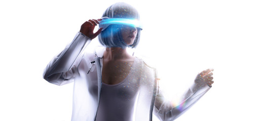 Beautiful woman with purple hair in futuristic costume over white background. Girl in glasses of virtual reality. Augmented reality, game, future technology, AI concept. VR. Blue neon light.