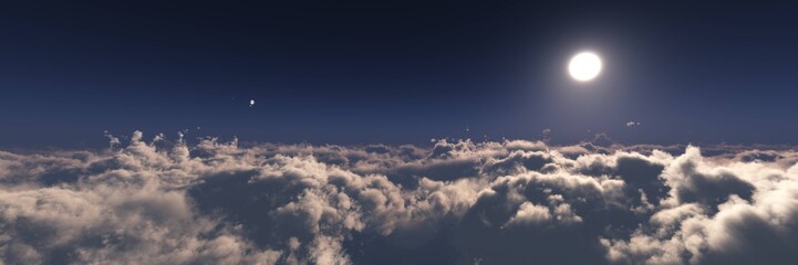 The moon over the clouds, View over the clouds, panorama of clouds at sunset, the sky with clouds and the sun aerial view, 3D rendering