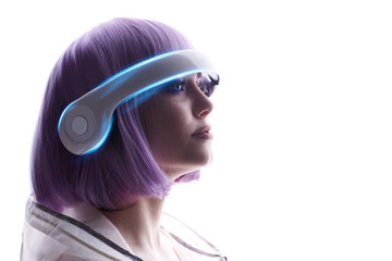 Beautiful woman with purple hair in futuristic costume over white background. Girl in glasses of...