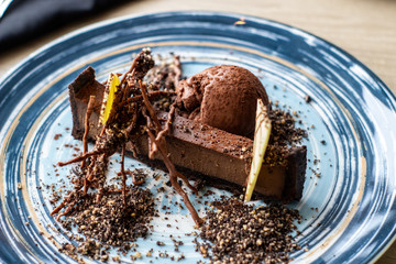Beautifully designed chocolate dessert in the restaurant.