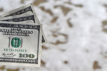 Girl holding money bill of 300 dollars on background of sea ocean