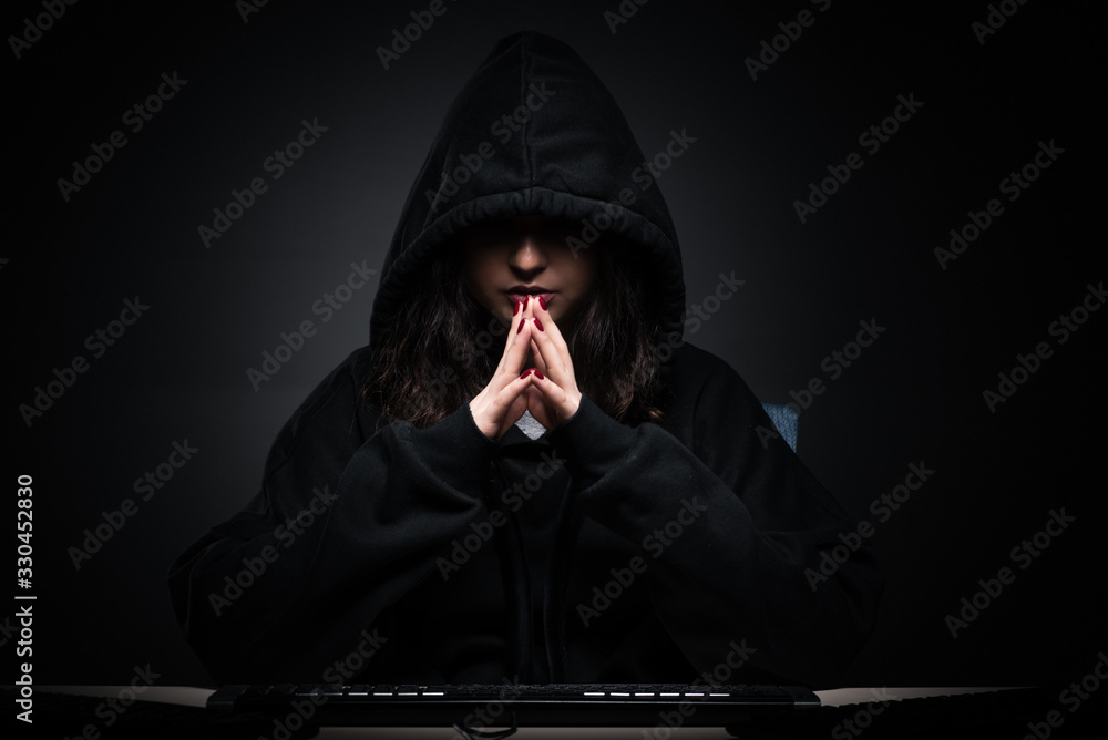 Poster female hacker hacking security firewall late in office